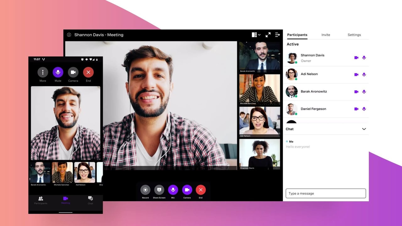 Erfahren Sie, wie Vonage Business Communications Ihrem Unternehmen bei der Kommunikation helfen kann: Jetzt ansehen. Product shot of Vonage Business Meetings on mobile device and desktop application, man is speaking and other participants are on video